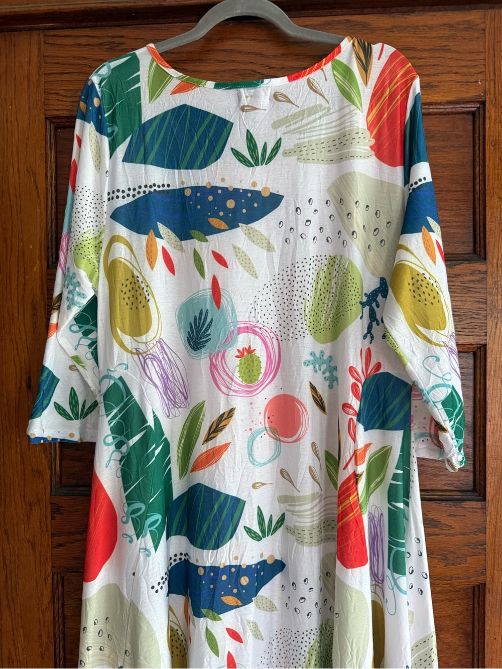 SHANA APPAREL Artsy Lagenlook Flowy Midi Dress Cactus Leaf Pattern 3/4 Sleeves - Picture 8 of 9